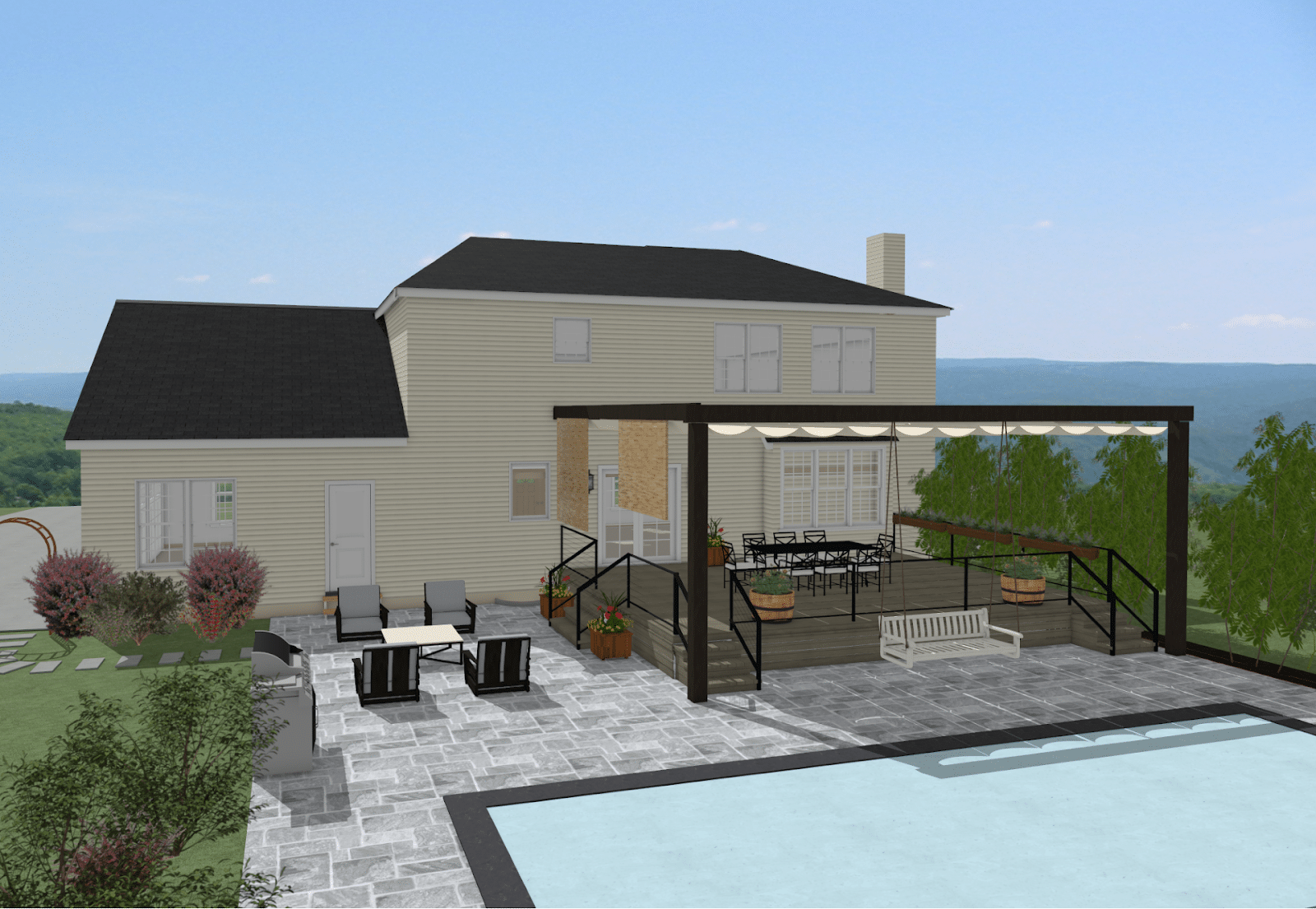 concrete decking with a pool and a pergola.  